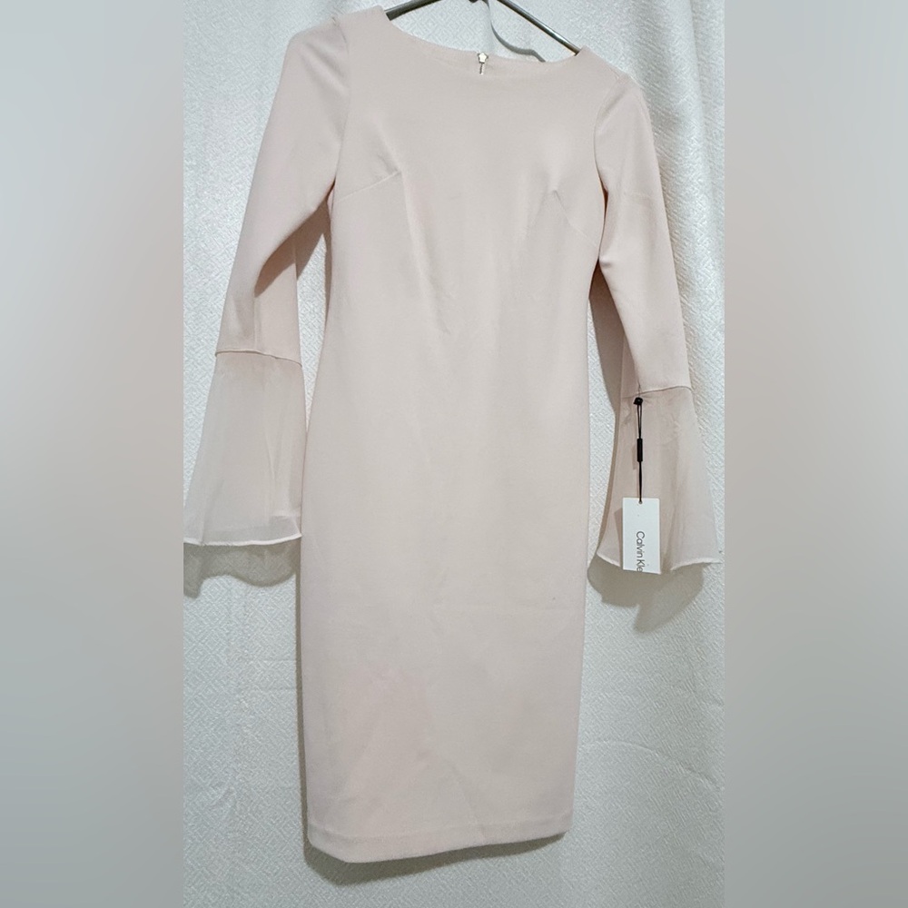 Macy's Pink Sheath Dress with Bell Sleeves Crew Neck